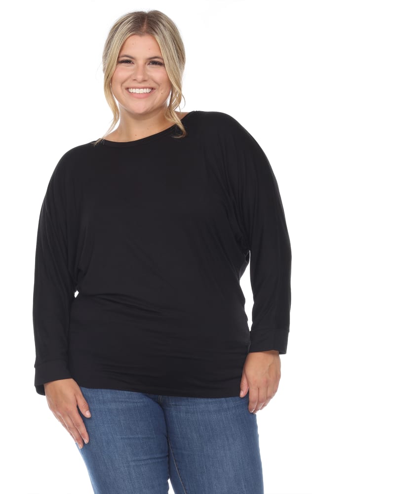 Front of a model wearing a size 3X Dolman Sleeve Top in Black by White Mark. | dia_product_style_image_id:257339